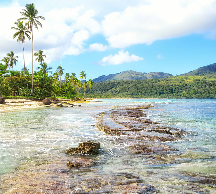 Panorama of famous secluded beach of Rincon with aqua colored water and palm trees on a beautiful day in Las Galeras, Dominican Republic.