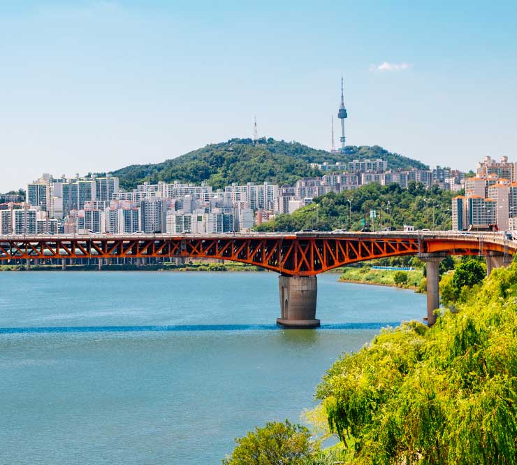 Seongsu Bridge and Seoul city view at Han river park in Korea.